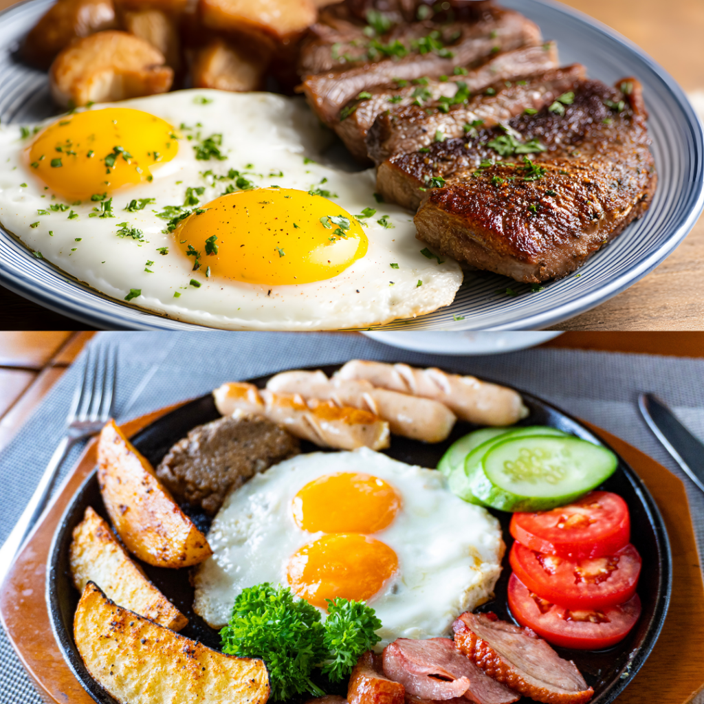 high protein breakfast of eggs and meat