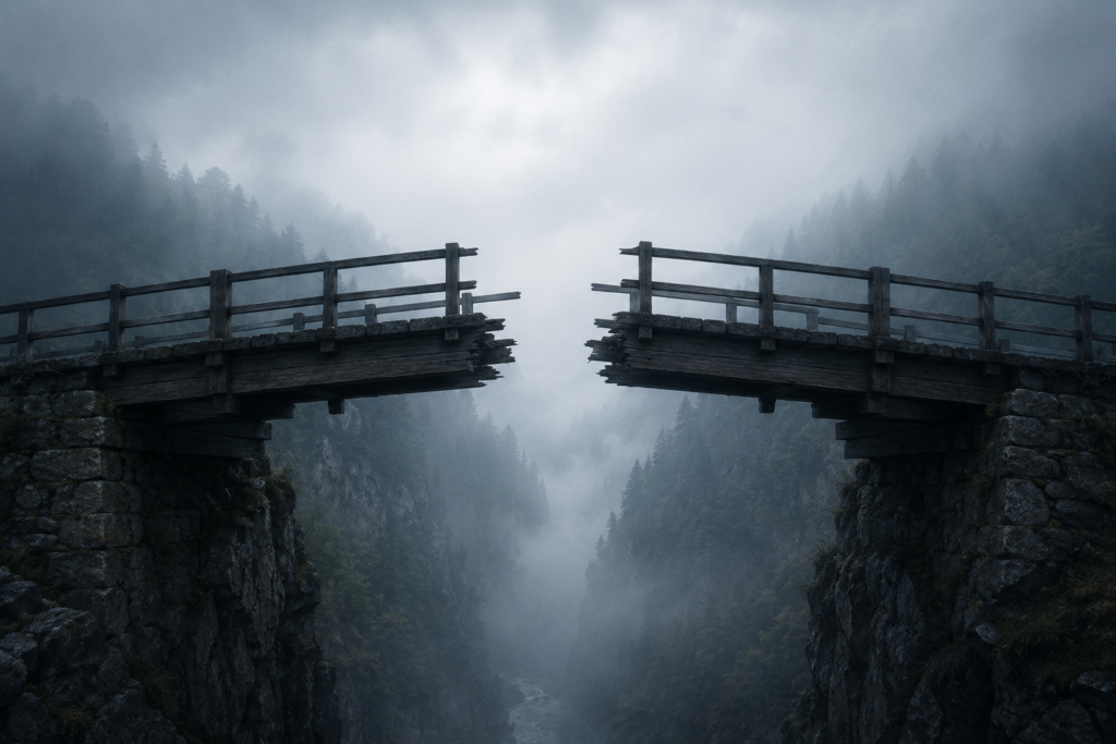Image of broken bridge over valley