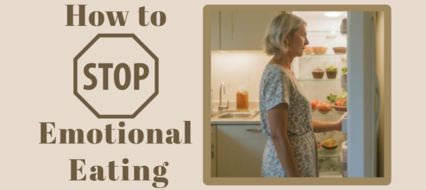 Woman pausing at the kitchen at night, representing the moment before emotional eating and the choice to do something different