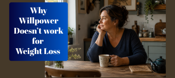 Woman over 40 sitting calmly at kitchen table, representing a different approach to weight loss
